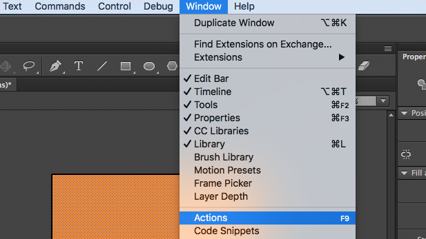 Screenshot that illustrates the process of selecting Actions from the Window menu in Adobe Animate C C.