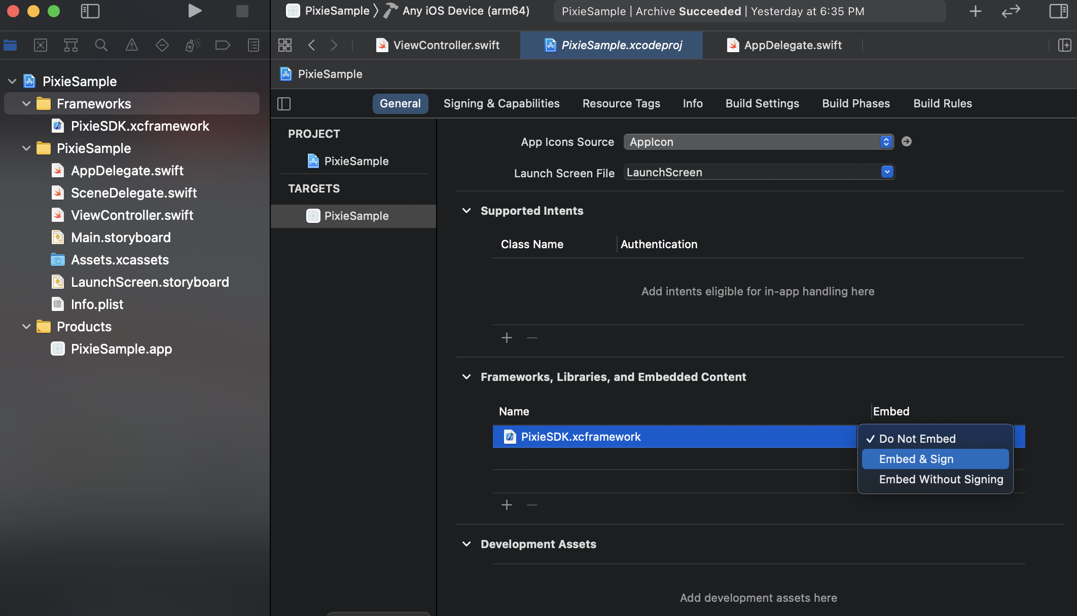 Screenshot that guides you to configure, access project settings, and select options for embedding and code signing the Framework.