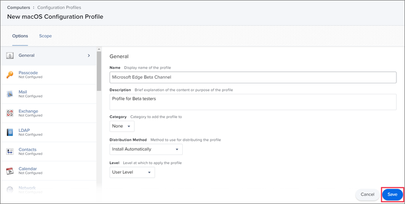 Configure General section