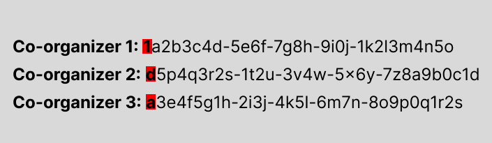 Screenshot of the object IDs for three organizers. The first organizer's object ID starts with the letter one, the first character in the second organizer's object ID is the letter d, and the first letter in the third organizer's object ID is the letter a.