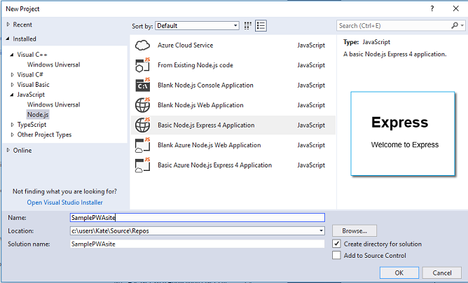 Selecting the Node.js Express 4 project template in Visual Studio