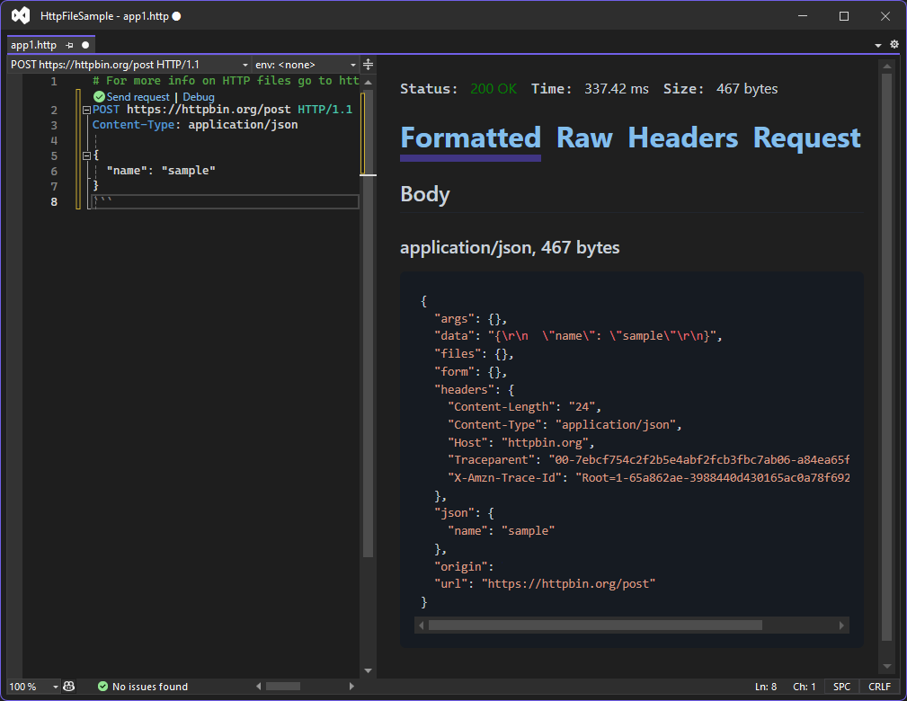 .http file editor window with 'run' button highlighted and showing the response pane.