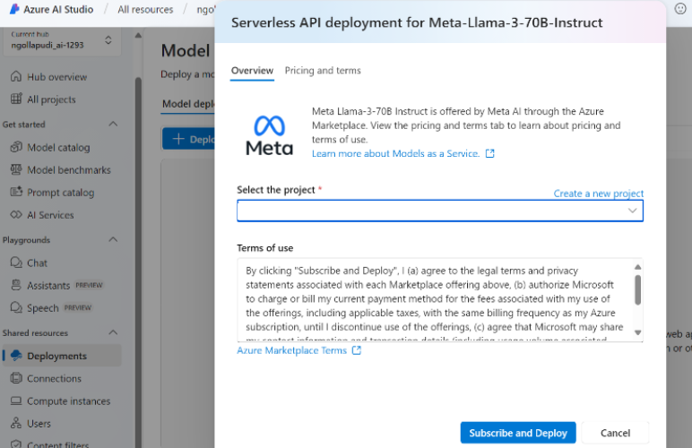 An image of the llama model deployment screen.