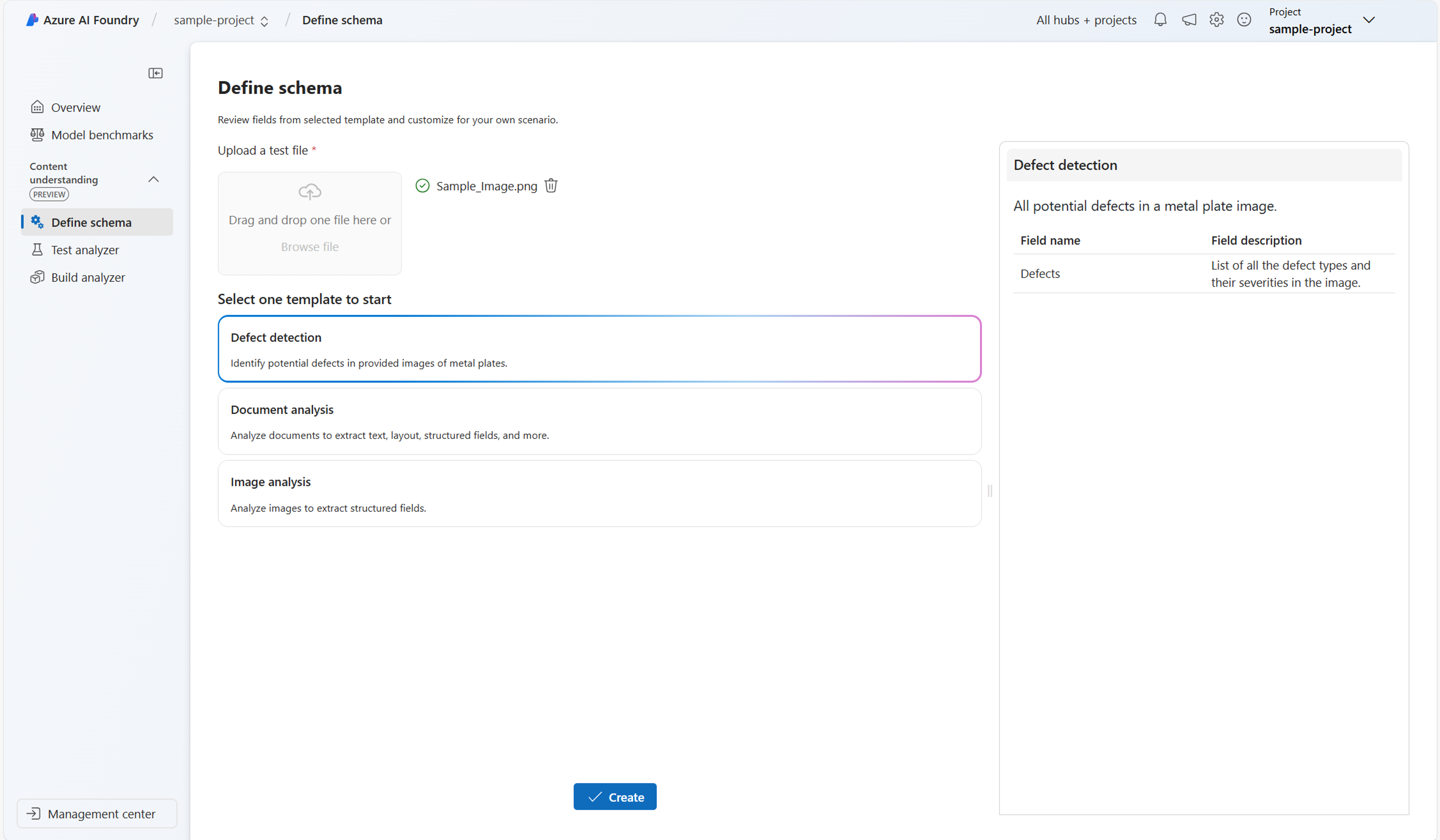 Screenshot of document analyzer template.