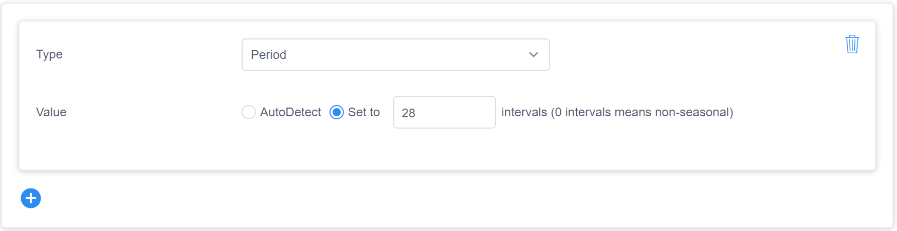 Menu with Autodetect period set to 28 and interval set to zero indicating non-seasonal.