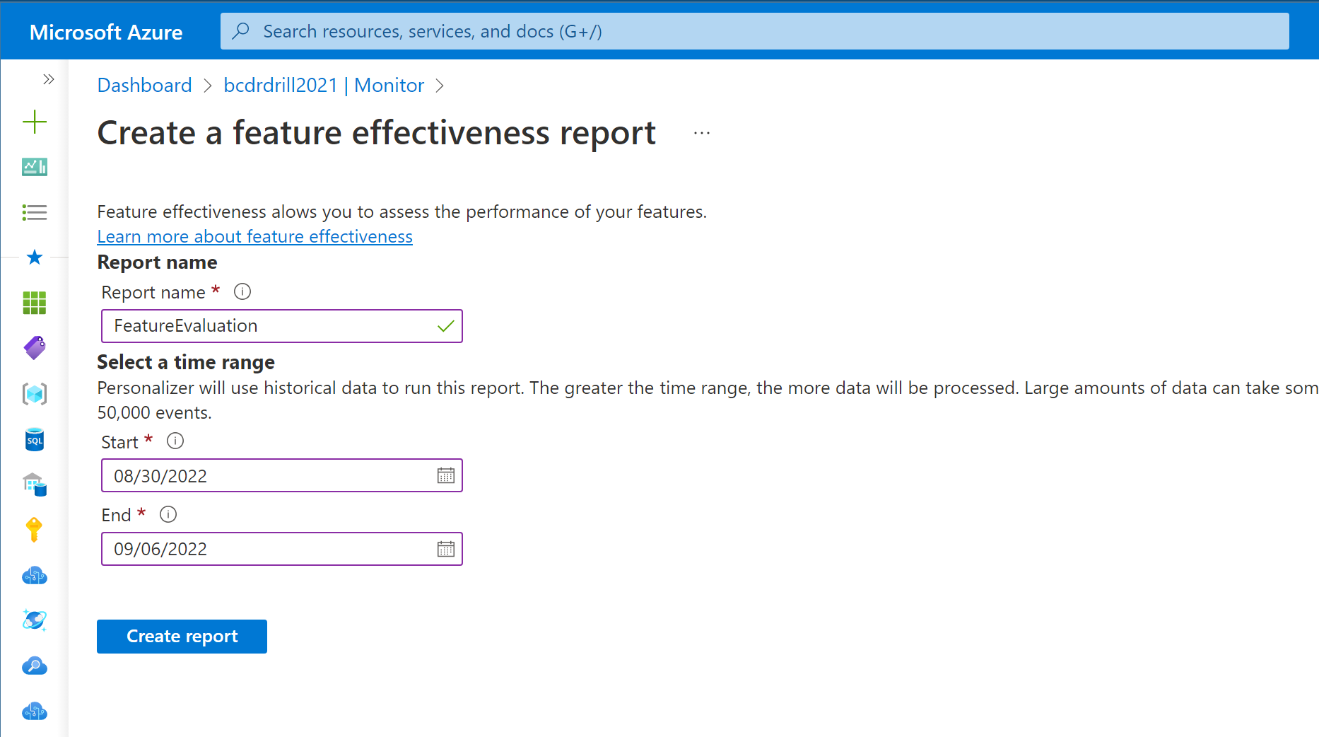 Screenshot that shows in the creation window and how to fill in the fields for your report including the name, start date, and end date.