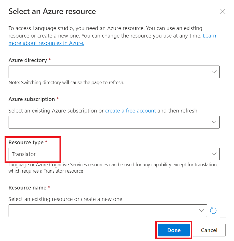 Screenshot of the language studio choose your Azure resource dialog window.