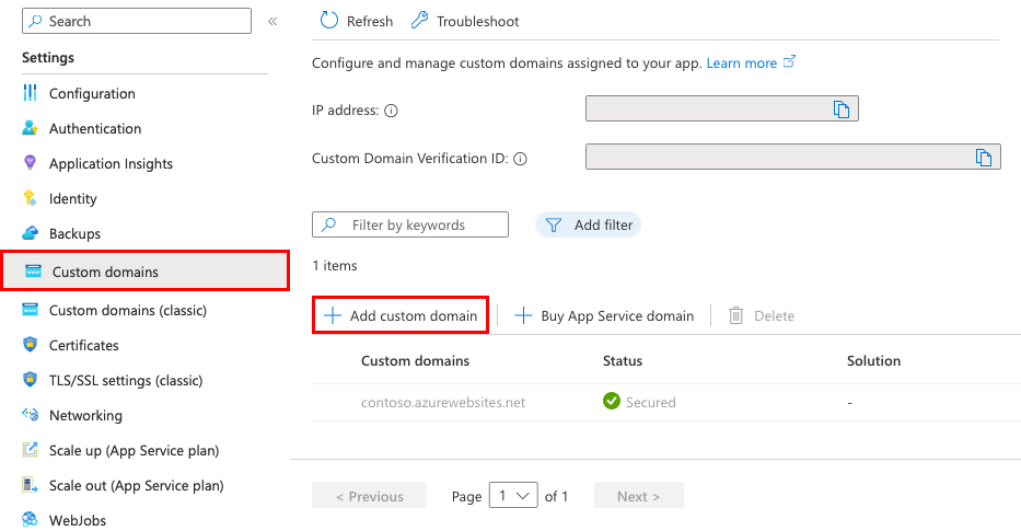 A screenshot showing how to open the Add custom domain dialog.