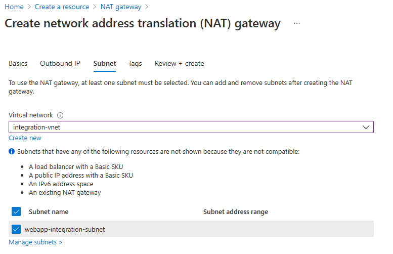 Screenshot of the Subnet tab on the page for creating a NAT gateway.