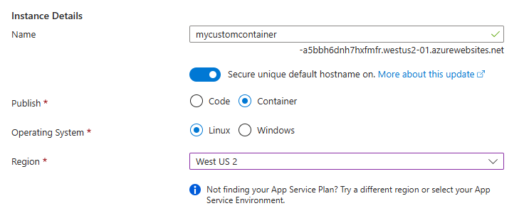 Screenshot of the Instance details section where you provide a name for the virtual machine and select its region, image, and size.