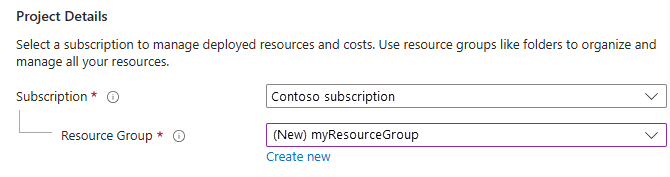 Screenshot of the Project details section showing where you select the Azure subscription and the resource group for the web app.