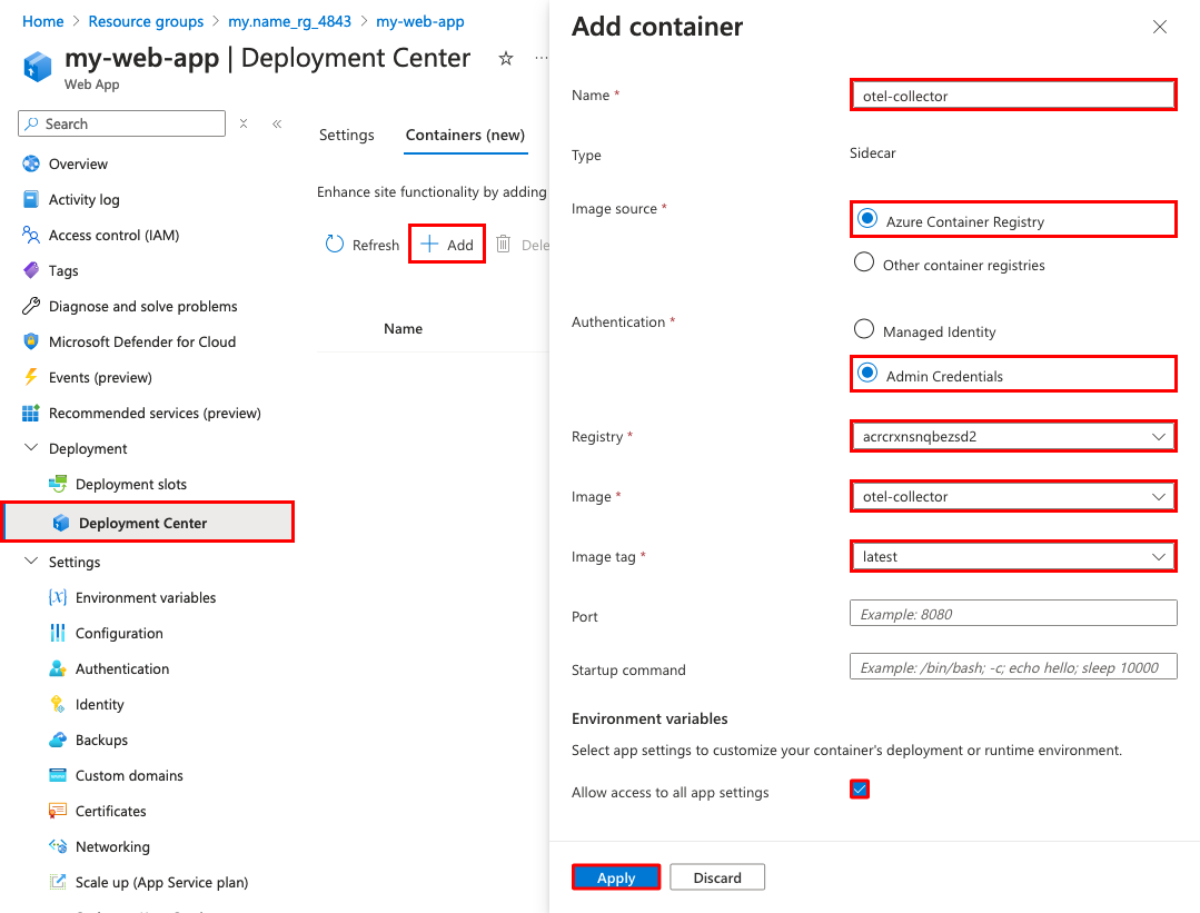 Screenshot showing how to configure a sidecar container in a web app's deployment center.