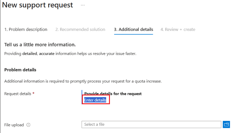 Screenshot showing how to provide details for quota increase.