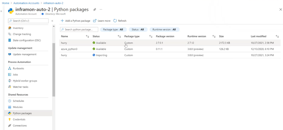 Screenshot shows the Python 2.7.x packages page after a package has been imported.