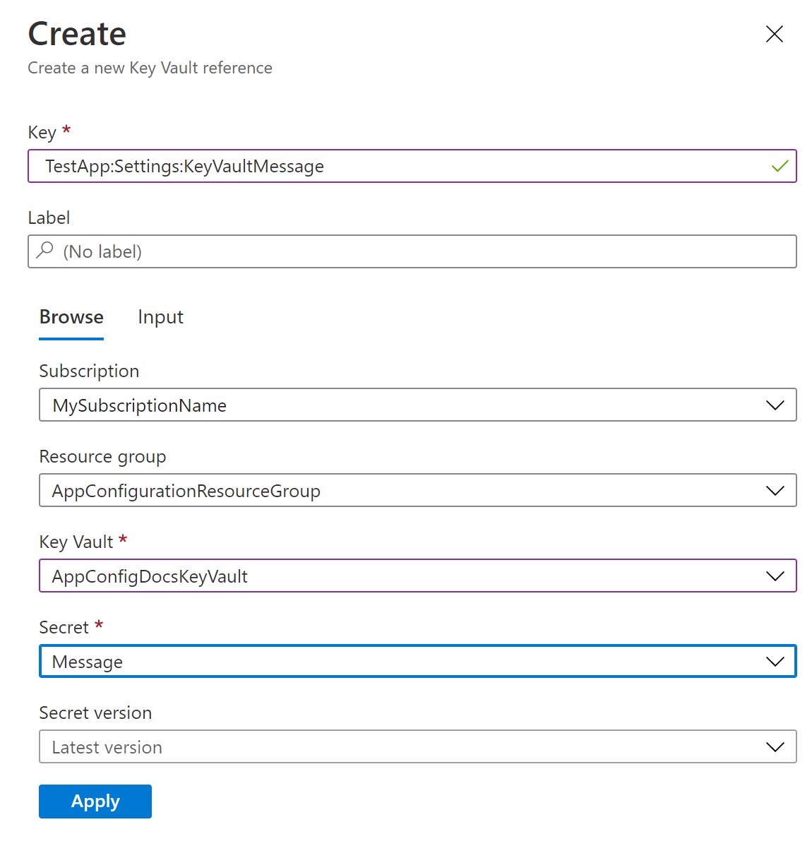 Screen shot of the create a new Key Vault reference form