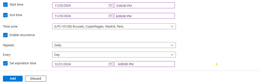 Screenshot of the Azure portal showing feature filter recurrence.