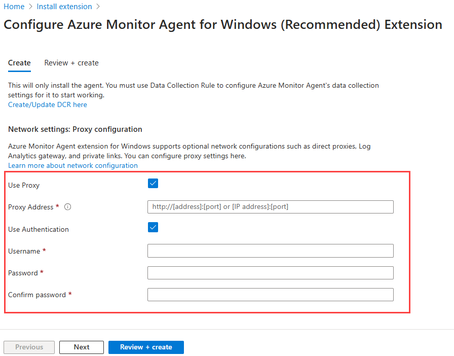 Screenshot showing the configuration fields for the Azure Monitor Agent extension.