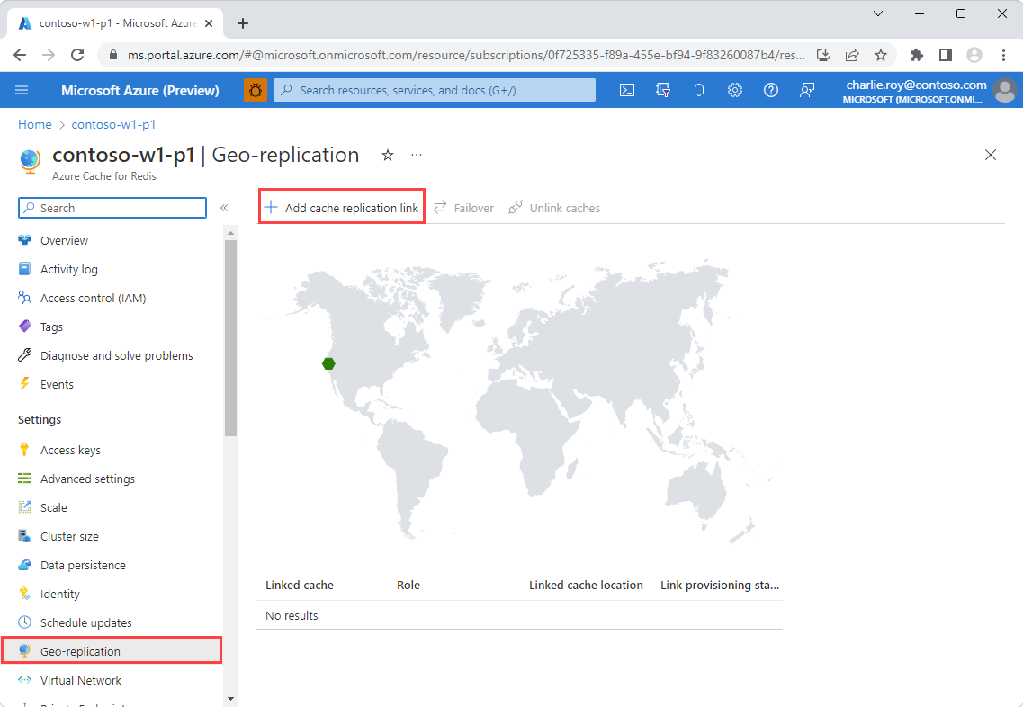 Screenshot showing the cache's Geo-replication menu.