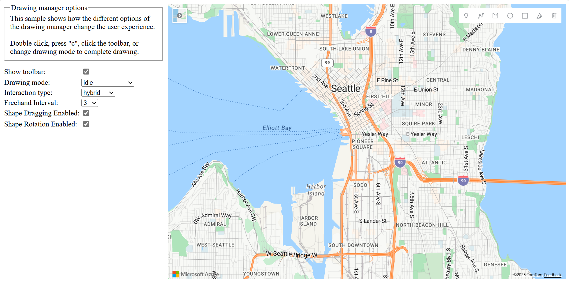 A screenshot of a map of Seattle with a panel on the left showing the drawing manager options that can be selected to see the effects they make to the map.