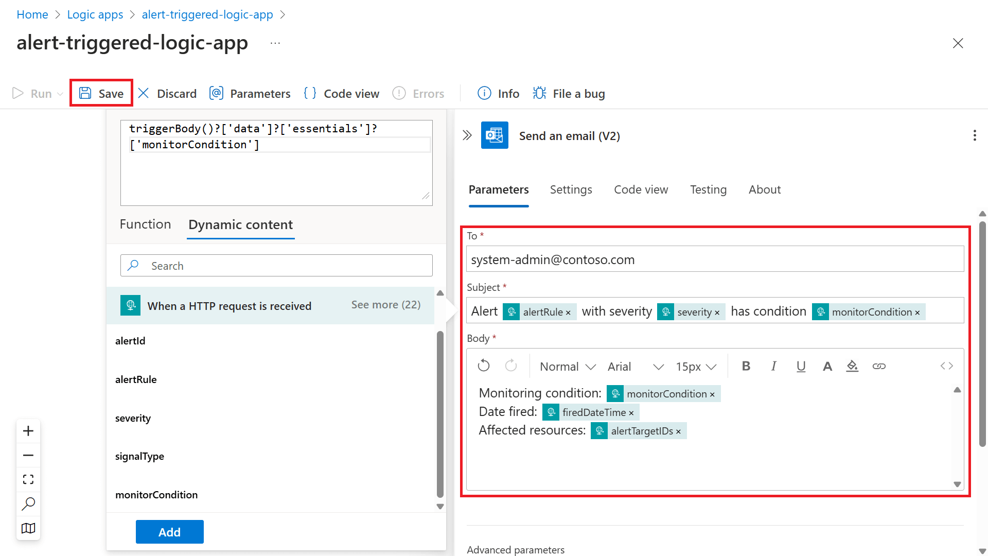 Screenshot that shows the Parameters tab on the Send an email pane.