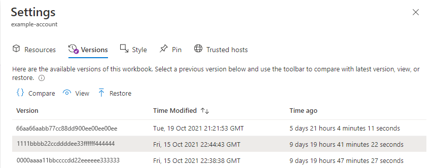 Screenshot that shows the versions tab of the workbook's Settings pane.