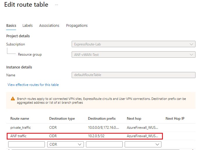 Screenshot of route table edits.