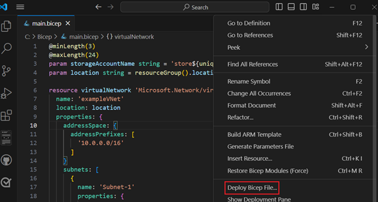 Screenshot of the Deploy Bicep File option.