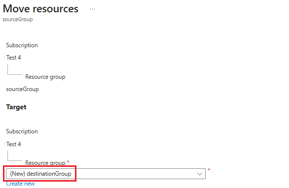 Screenshot of the Azure portal where the user specifies the destination resource group for the move operation.