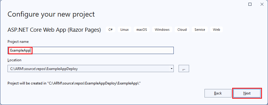 Screenshot of the project naming window for the ASP.NET Core Web Application.