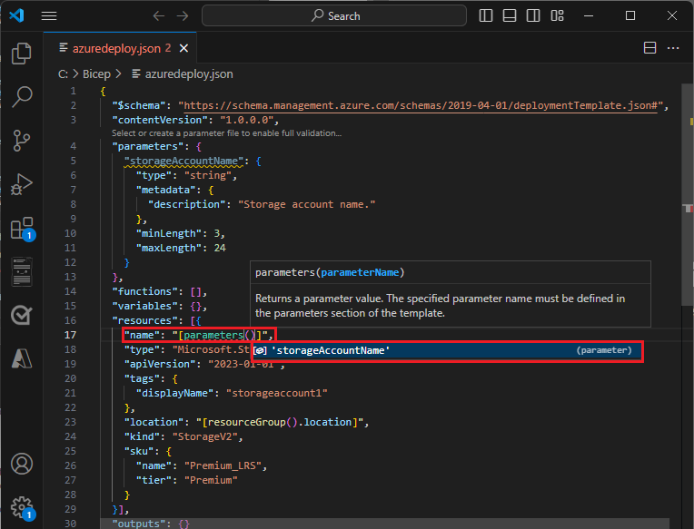 Screenshot showing completed parameter in an ARM template resource.