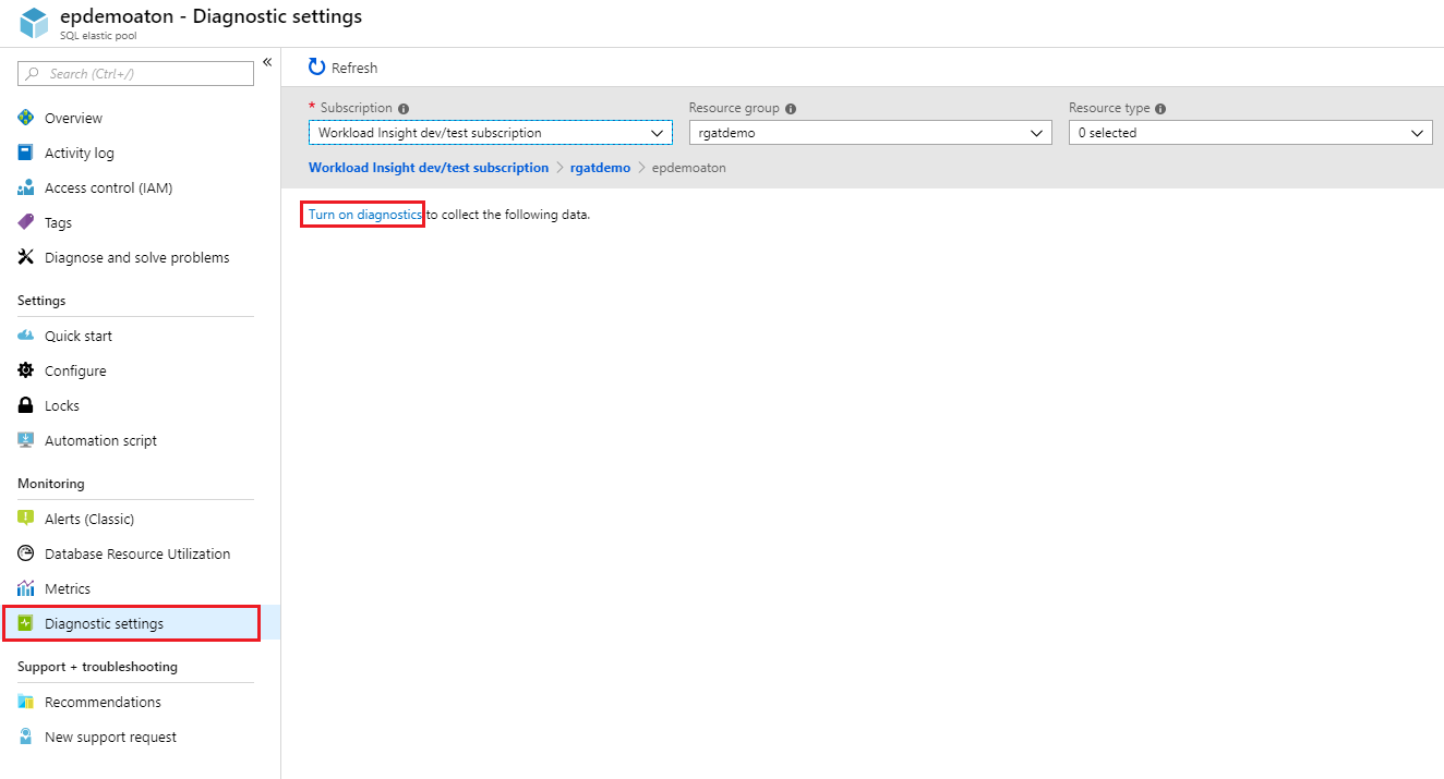 Enable diagnostics for elastic pools.