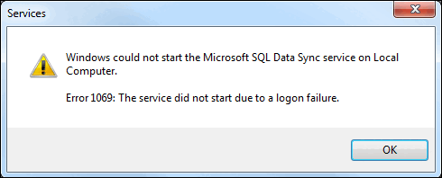 Screenshot of Data Sync error 1069 dialog box.