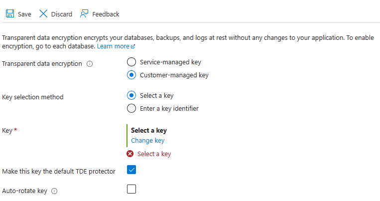 Screenshot of the transparent data encryption menu in the Azure portal for a server.