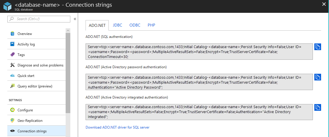 Copy the ADO connection string for your database