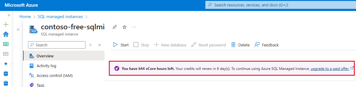 Screenshot showing the remaining vCore hours for a free instance in the Azure portal.