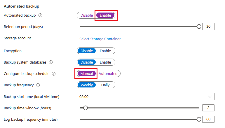 Screenshot from the Azure portal of SQL VM automated backups.