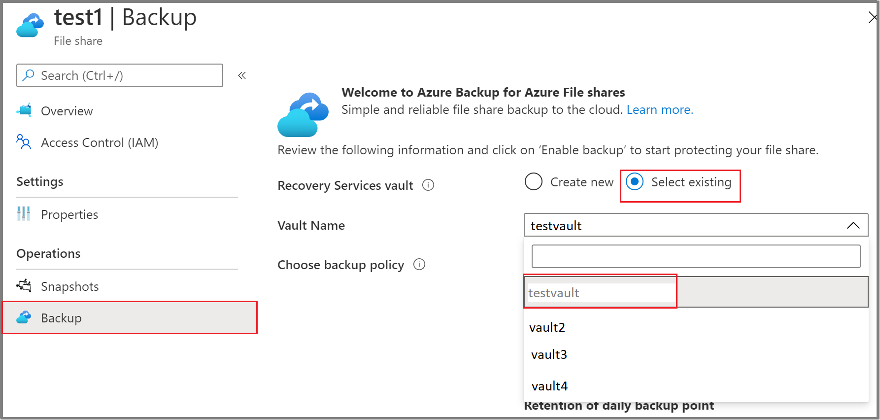 Screenshot shows how to select an existing vault.