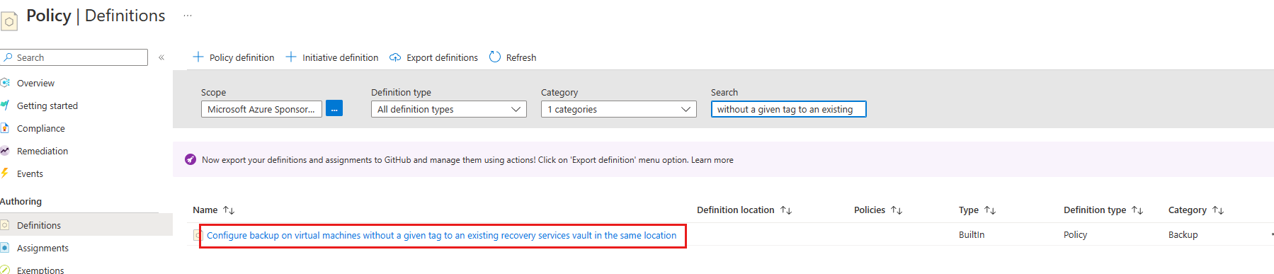 Screenshot showing how to filter the list by category on Policy dashboard.