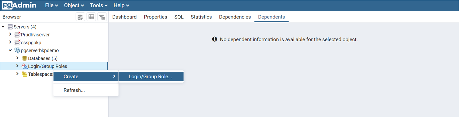 Screenshot showing the process to add a new login or group role for database users.