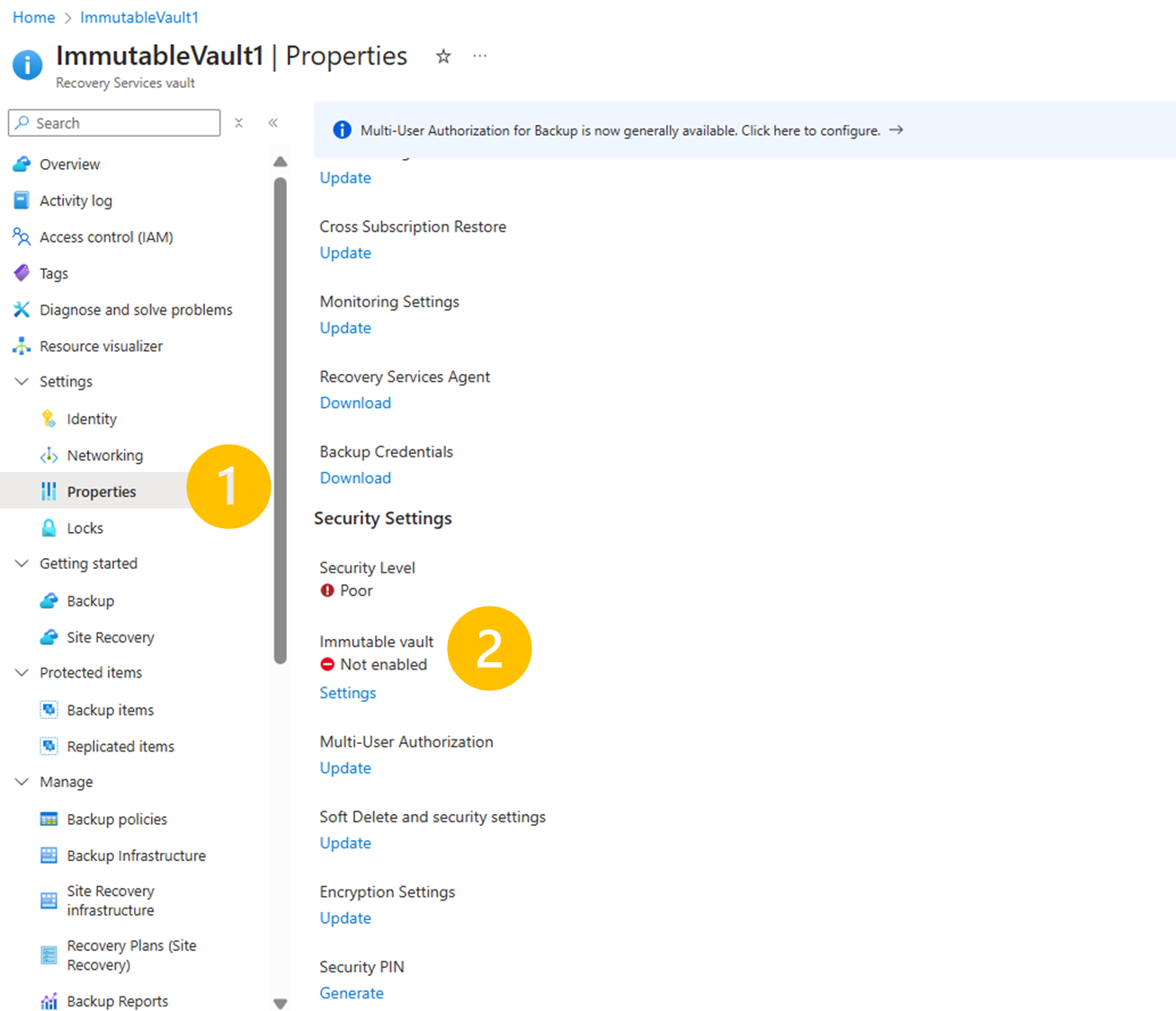 Screenshot showing how to open the Immutable vault settings.