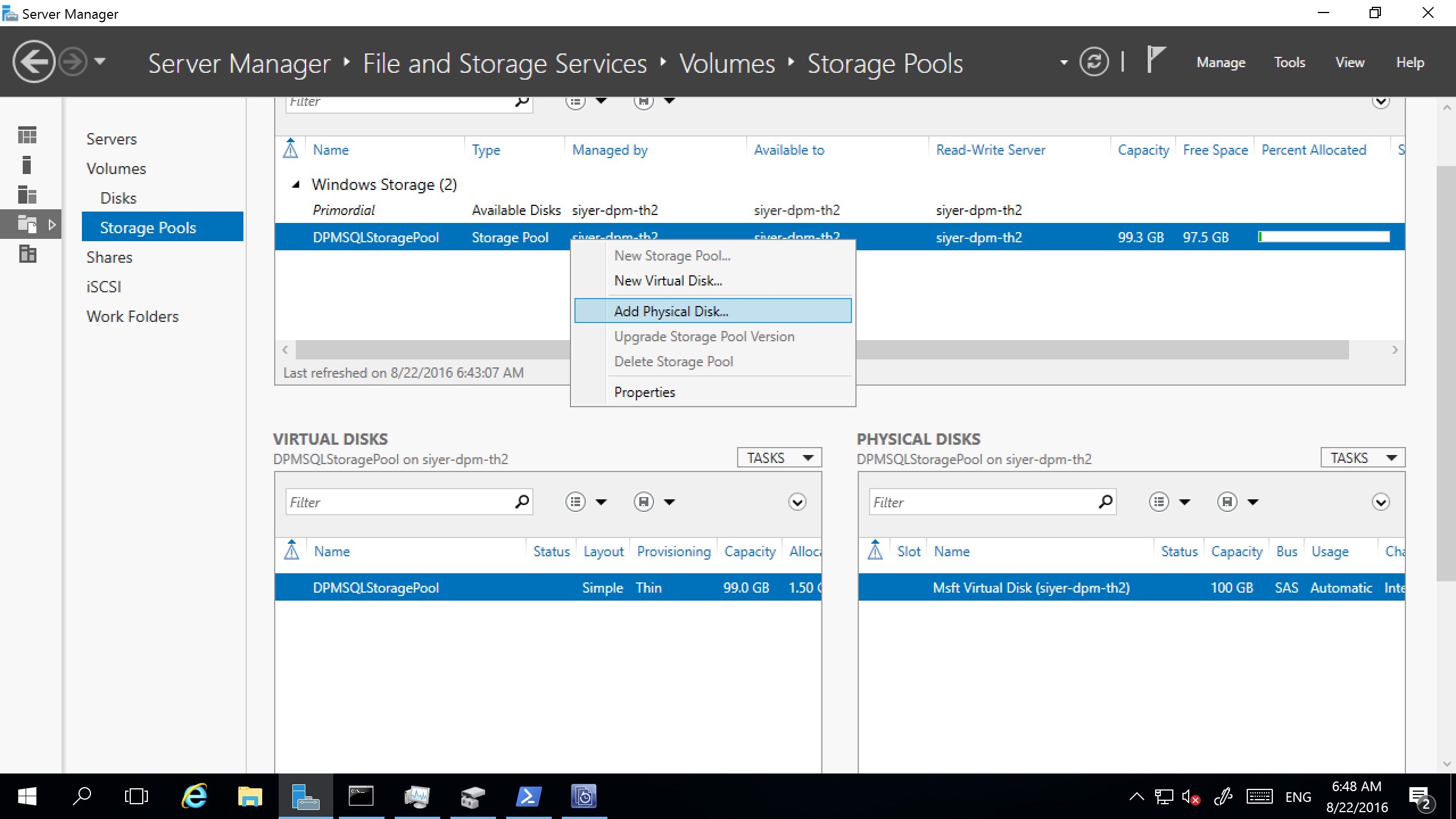 Screenshot shows how to add a physical disk.