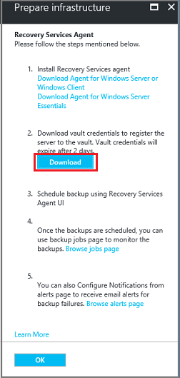 Screenshot shows how to download the vault credentials.