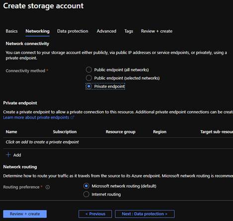 A screenshot that shows the Networking tab and the private endpoints option.