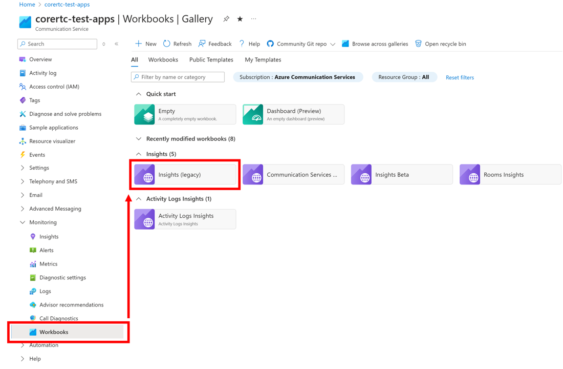 Screenshot showing how to find the legacy Insights workbook.