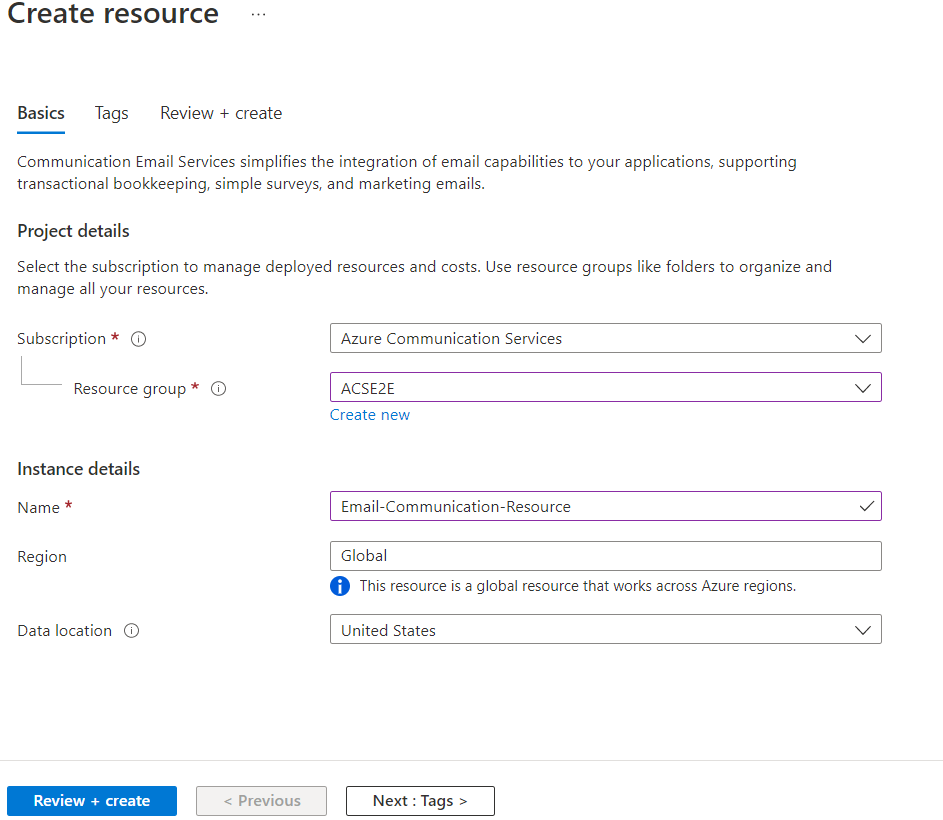 Screenshot that shows how to the summary for review and create Email Communication Service.