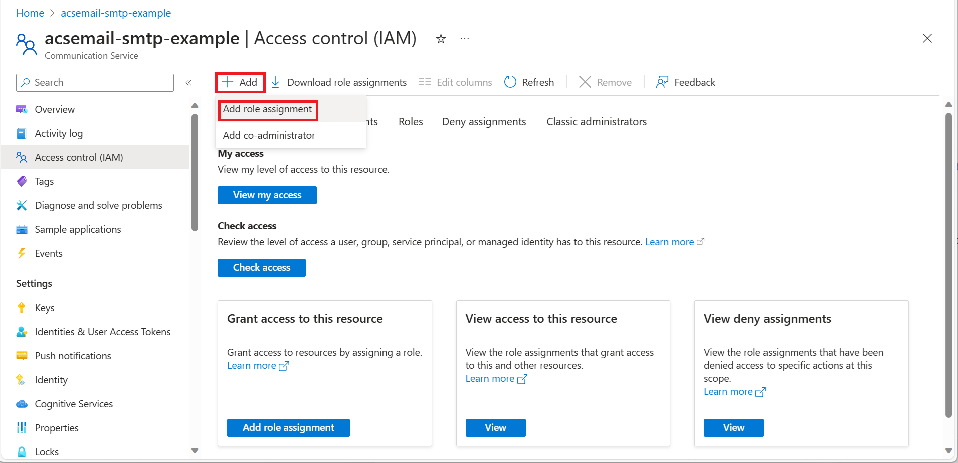 Screenshot that shows selecting Add role assignment.