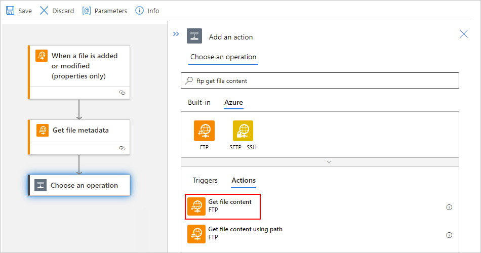 Screenshot shows Standard workflow designer, "Get file content" action, and "File" property set to "Id" trigger output.