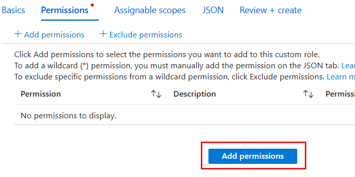 Screenshot of the 'Permissions' pane for adding a custom role.