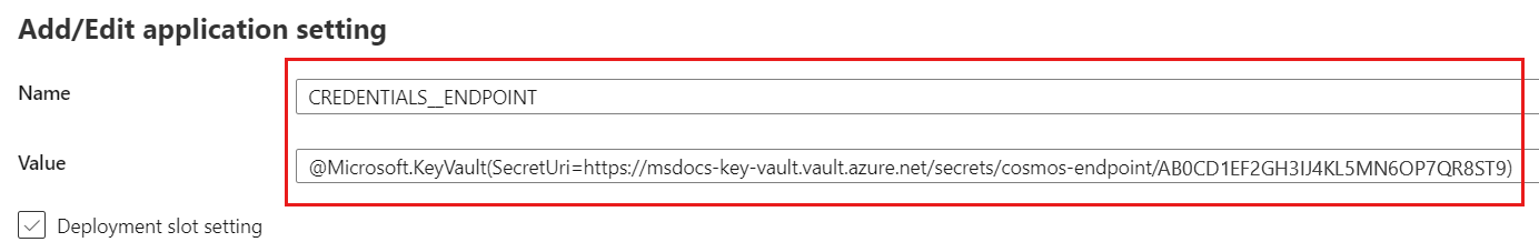 Screenshot of the Add/Edit application setting dialog with a new app setting referencing a key vault secret.