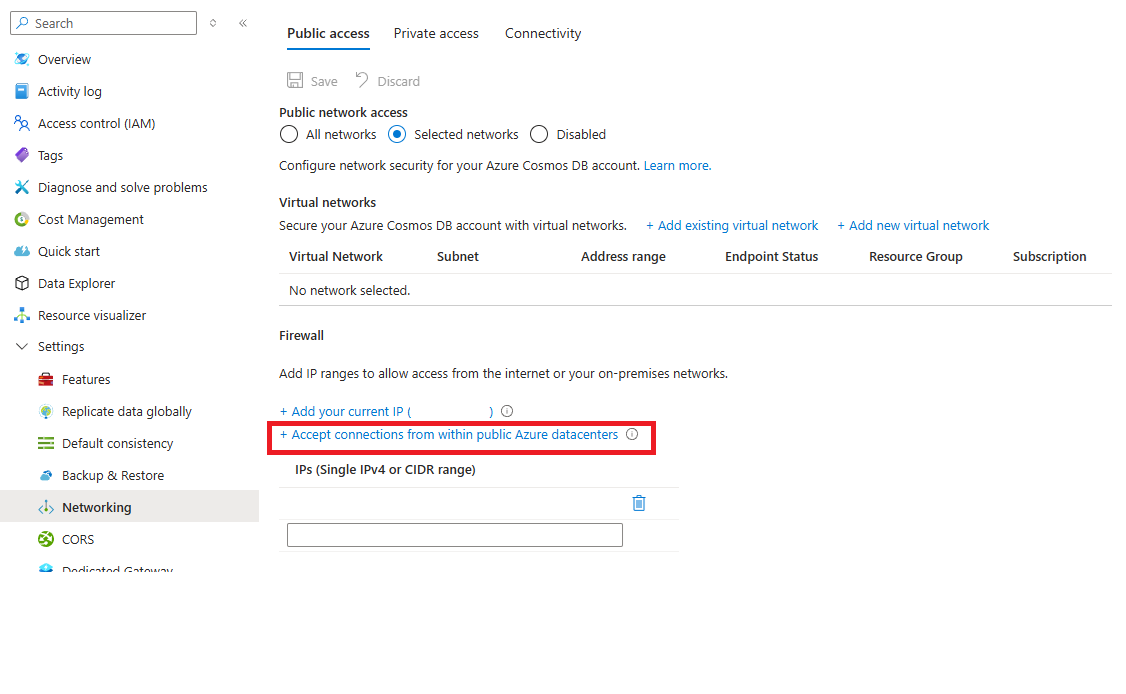 Screenshot of the option to accept connections from within public Azure datacenters in the Azure portal.